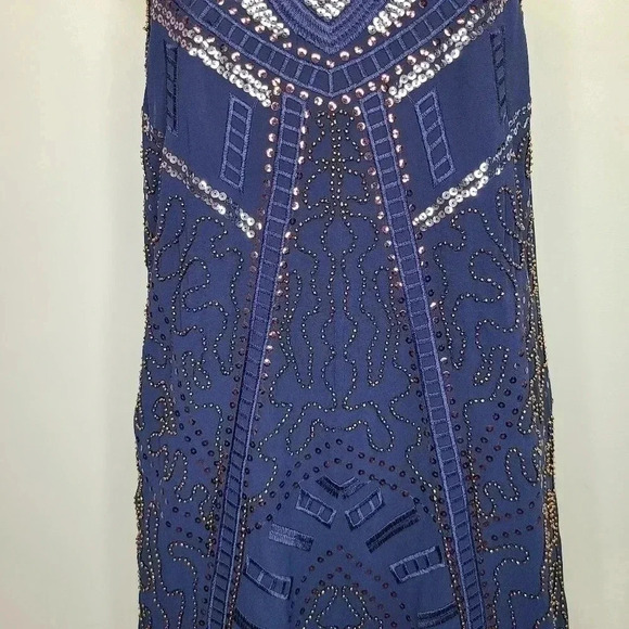 Alga Francescas Navy Blue Silver Bronze Sequin Beaded Art Deco Shift Dress Small - Picture 5 of 14